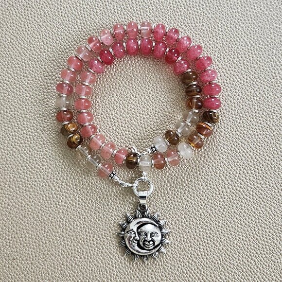 OMBRE ROSE GEMSTONE NECKLACE W. SUN & MOON PENDANT--16" - Picture 2 of 4